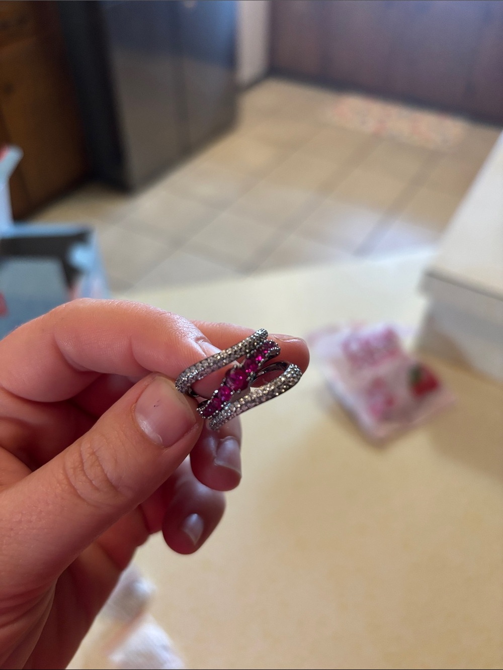 Silver Ring with Pink Stone Accents